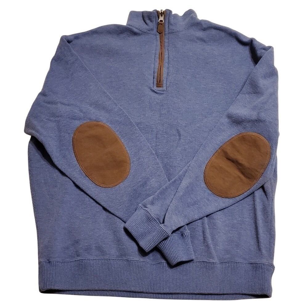 Cremieux Pullover 1/4 Zip Sweater Ribbed Blue Leather Elbows Preppy Cozy XLg
